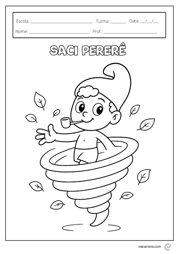 Desenho do Saci Pererê em um redemoinho, com folhas ao redor.