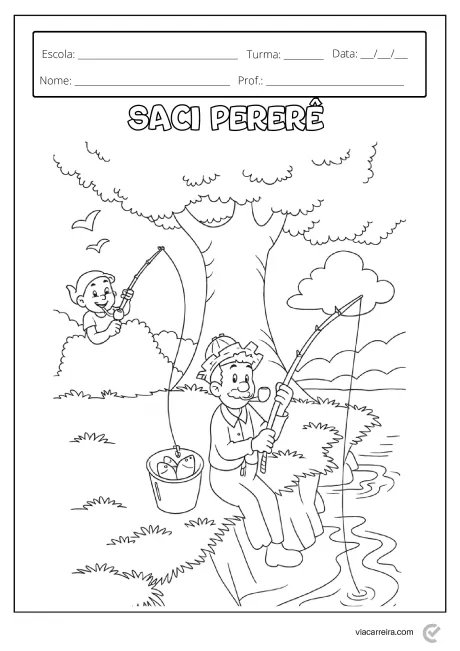 Desenho para colorir do Saci Pererê pescando com uma criança em um cenário natural.