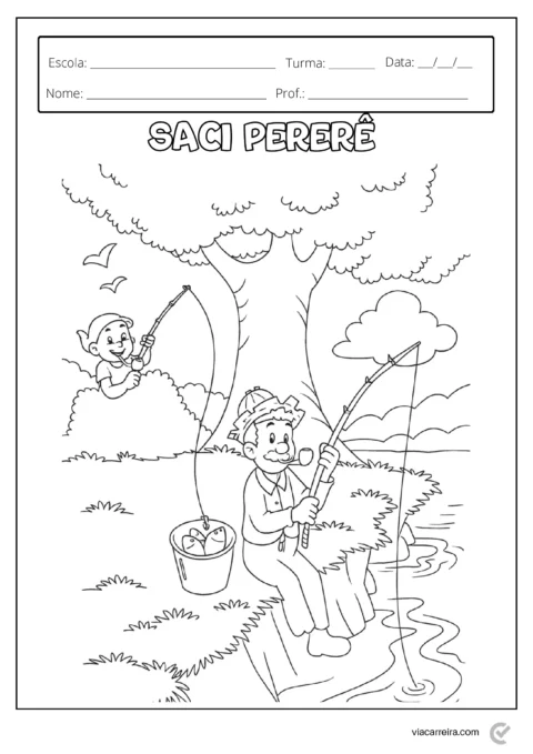 Desenho para colorir do Saci Pererê pescando com uma criança em um cenário natural.