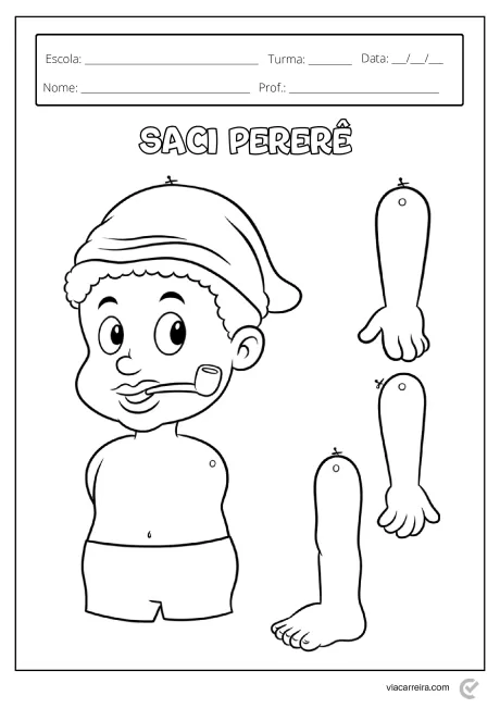 Desenho do Saci Pererê com partes do corpo destacáveis para colorir e montar.