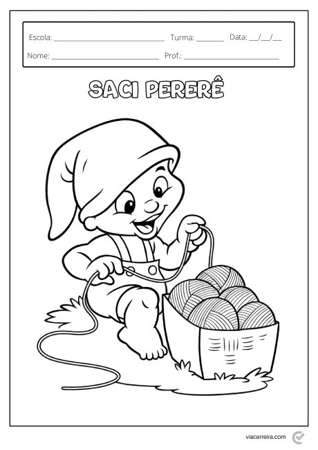 Desenho do Saci Pererê brincando com novelos de lã.
