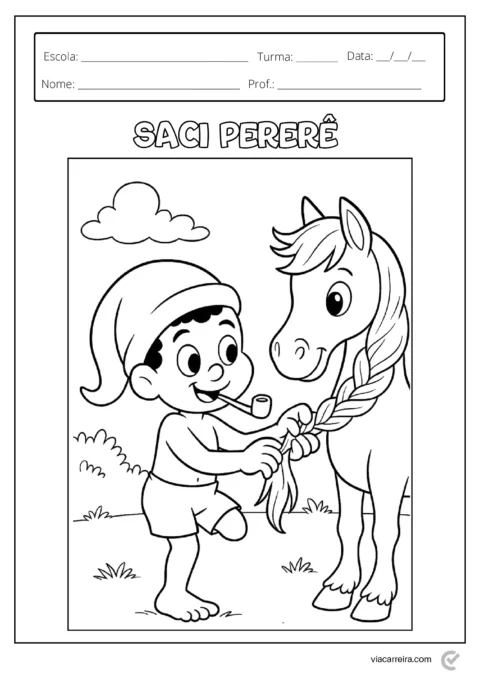 Desenho para colorir do Saci Pererê com um cavalo.