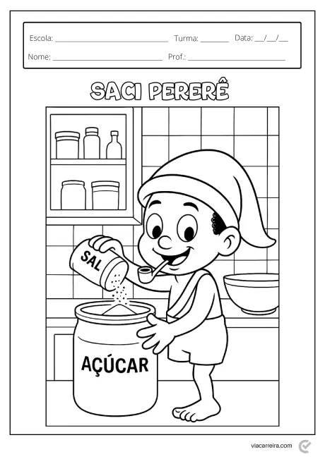 Desenho do Saci Pererê despejando sal em um pote de açúcar na cozinha.