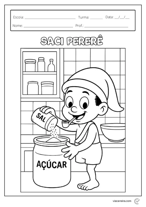Desenho do Saci Pererê despejando sal em um pote de açúcar na cozinha.