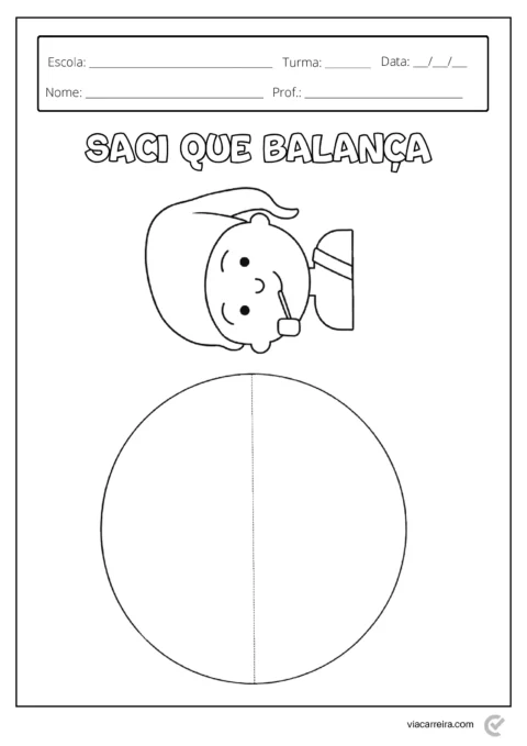 Desenho de um personagem com um chapéu e uma caneta, com espaço para colorir e preencher informações escolares.