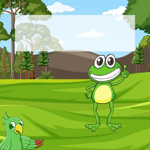 Sapo e pássaro em um cenário natural.