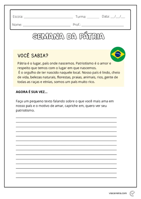 Imagem educativa sobre a Semana da Pátria, com espaço para escrita.