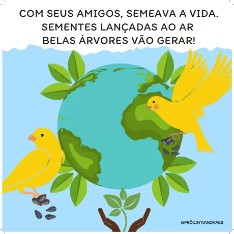 Ilustração de um globo terrestre cercado por folhas verdes e pássaros amarelos, com sementes ao redor.
