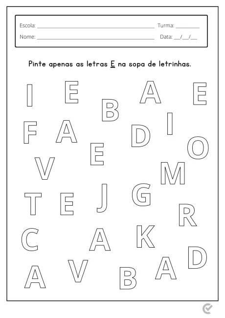 Atividade de sopa de letras para identificar a letra E.