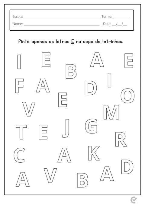 Atividade de sopa de letras para identificar a letra E.