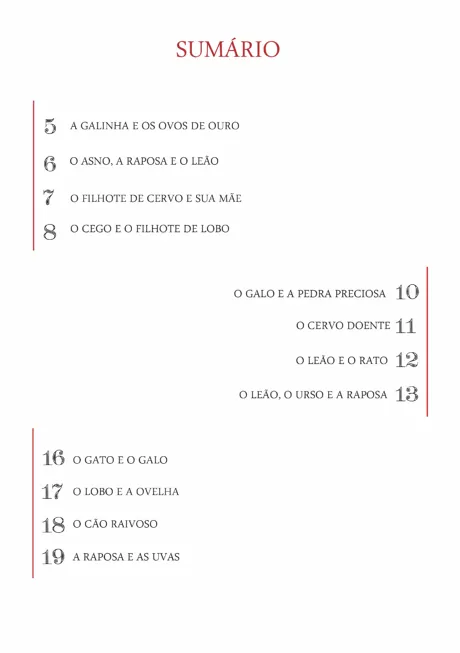 Sumário de histórias infantis com títulos de fábulas.