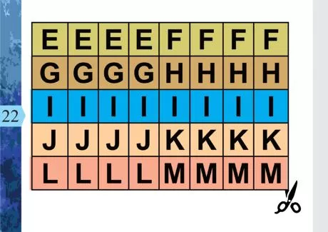 Tabela com letras organizadas em colunas e linhas, com cores diferentes para cada grupo de letras.
