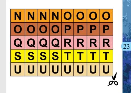 Tabela com letras organizadas em colunas e linhas, com cores diferentes para cada linha.