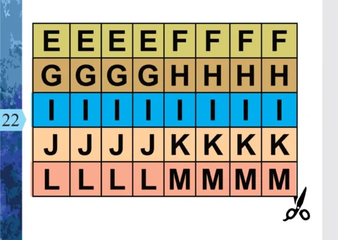 Tabela com letras organizadas em colunas e linhas, com cores diferentes para cada grupo de letras.