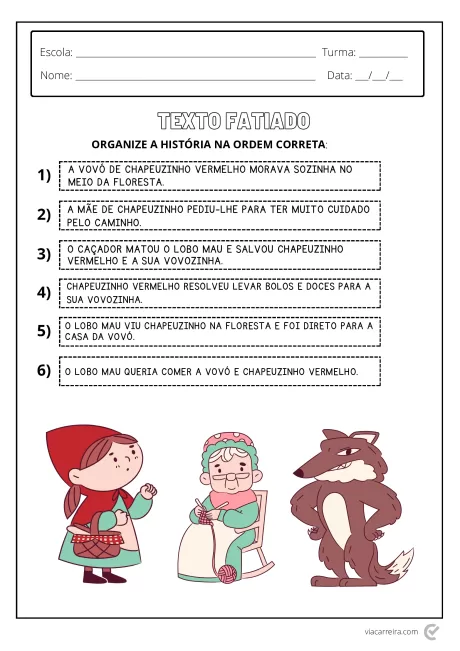 Ilustração da história da Chapeuzinho Vermelho com personagens e instruções para organizar a história.