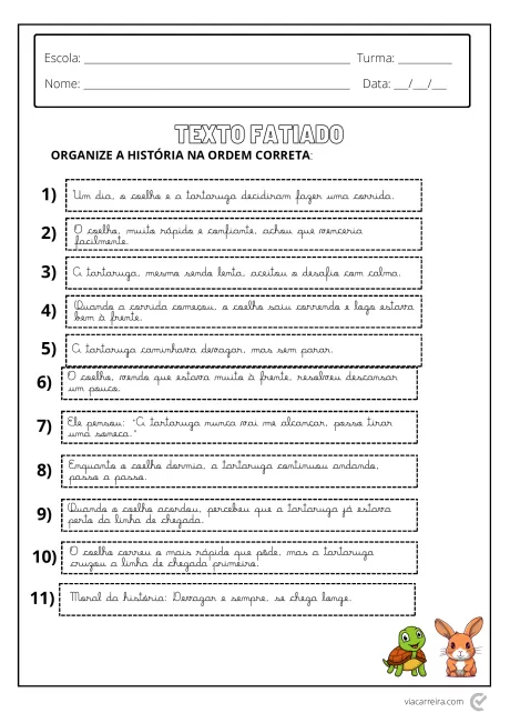 Atividade de organização de texto para crianças, com ilustrações e instruções.