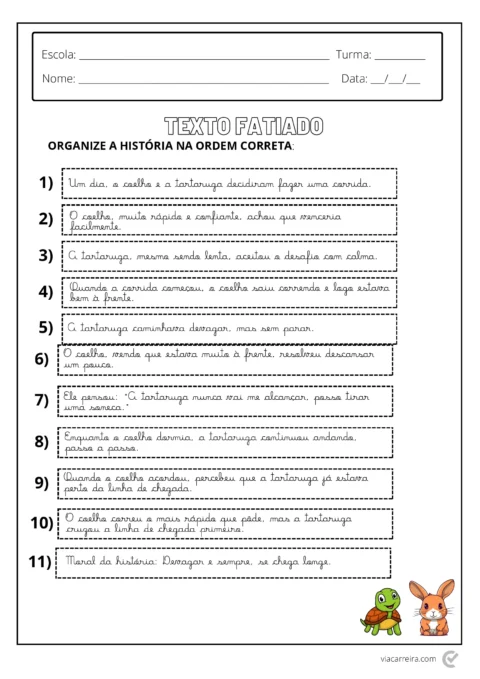 Atividade de organização de texto para crianças, com ilustrações e instruções.