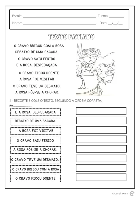 Atividade escolar com um texto fatiado sobre um cravo e uma rosa, incluindo instruções para recortar e colar.
