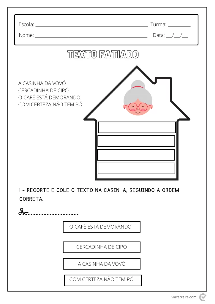 Atividade de recorte e colagem sobre a história da vovó Cerquinha de Cipó e o café.