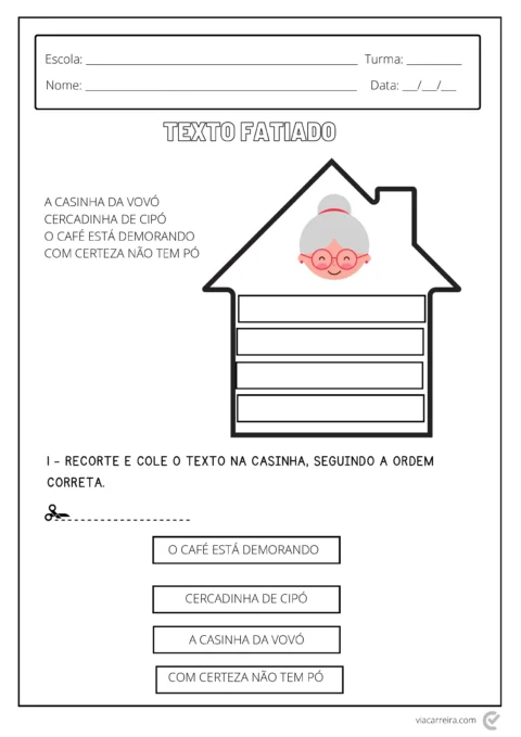 Atividade de recorte e colagem sobre a história da vovó Cerquinha de Cipó e o café.