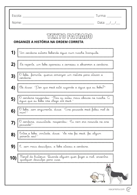Atividade de organização de texto para alunos, com espaços para nome, escola, turma e data.