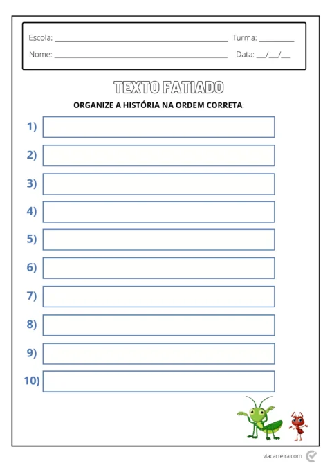 Atividade para organizar a história na ordem correta, com espaços em branco numerados e ilustrações de insetos.