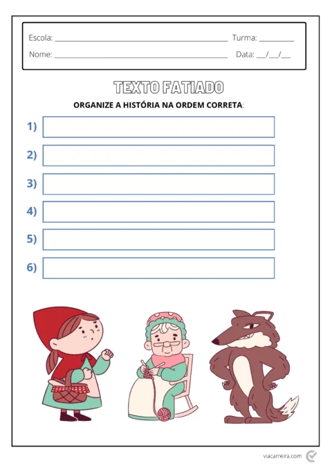 Ilustração de personagens de um conto: uma menina com capa vermelha, uma avó e um lobo, com espaço para organizar uma história.