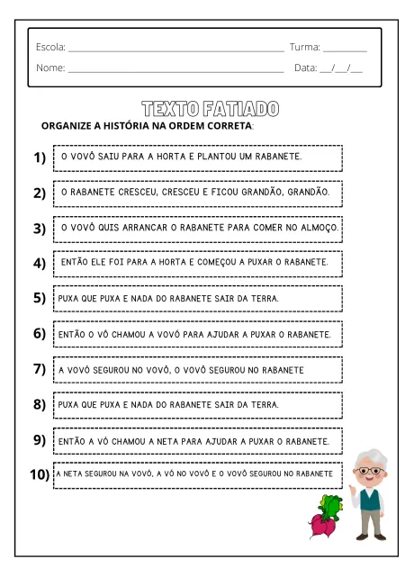 Atividade escolar sobre organizar a história na ordem correta com um vovô e um rabanete.