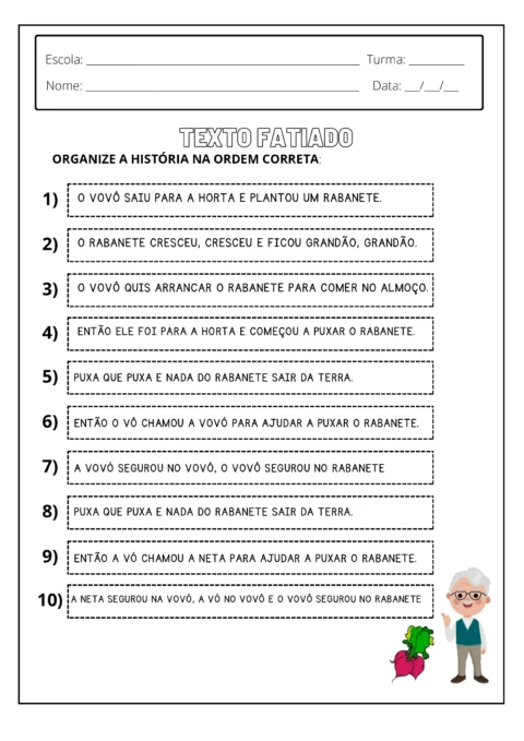 Atividade escolar sobre organizar a história na ordem correta com um vovô e um rabanete.