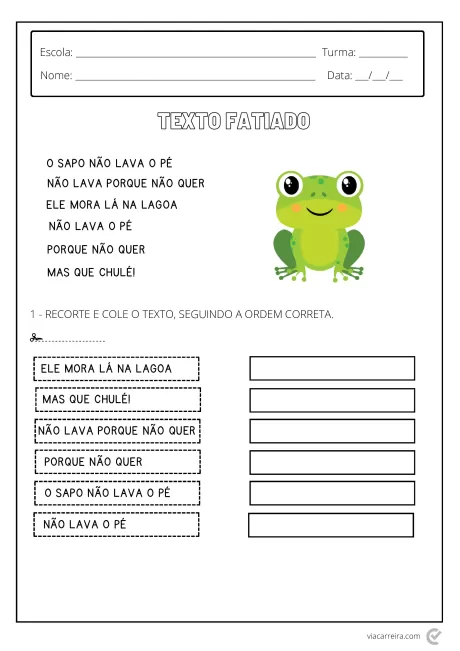 Atividade escolar com um sapo e um texto para recorte e colagem.