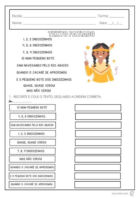 Atividade de texto fatiado com ilustração de uma menina indígena e um jacaré.