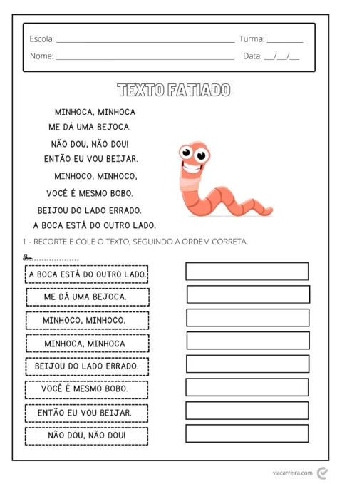 Atividade escolar com uma minhoca e um texto para completar.
