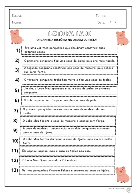 Atividade de organização de história com porquinhos e lobo mau.