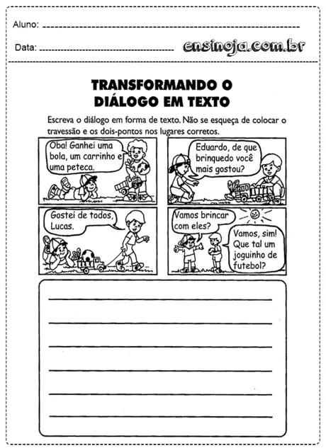 Atividade de transformar diálogos em texto com crianças brincando.