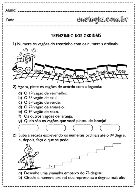 Atividade de educação infantil sobre numerais ordinais com um trenzinho e escada.