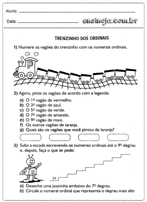 Atividade de educação infantil sobre numerais ordinais com um trenzinho e escada.