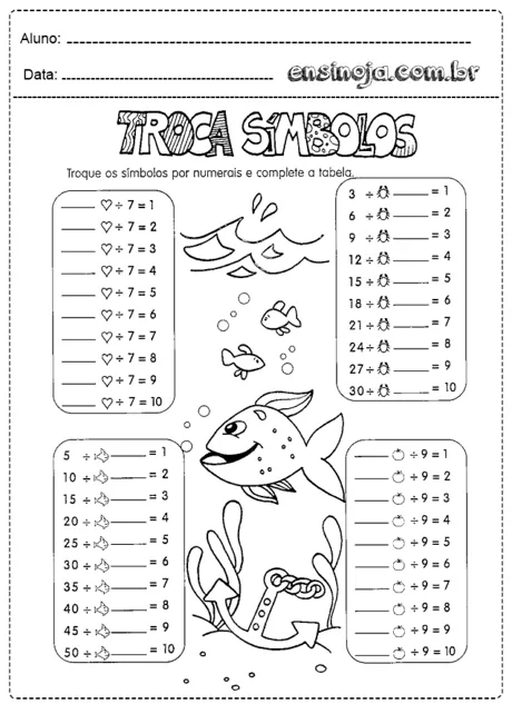 Atividade de troca de símbolos por numerais com ilustrações de peixes e elementos do fundo do mar.