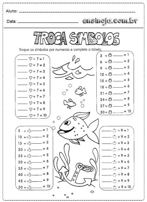 Atividade de troca de símbolos por numerais com ilustrações de peixes e elementos do fundo do mar.