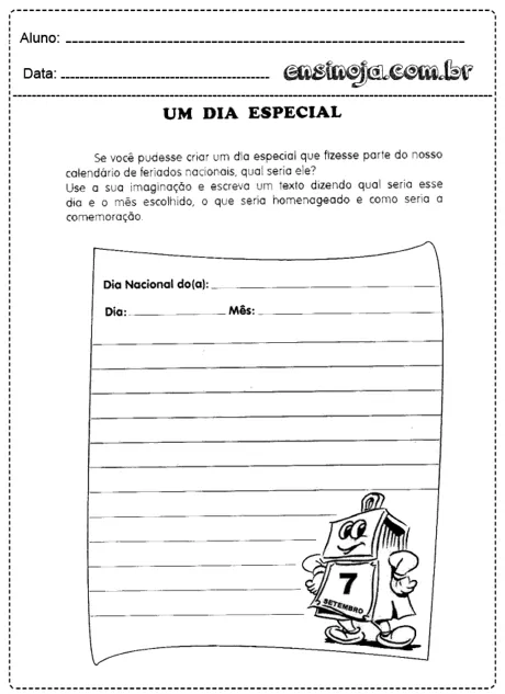 Atividade escolar sobre um dia especial com espaço para escrever e ilustração de um calendário.