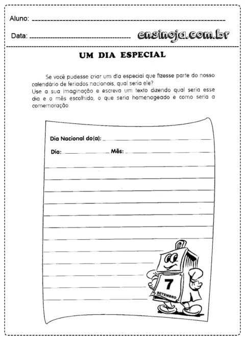 Atividade escolar sobre um dia especial com espaço para escrever e ilustração de um calendário.