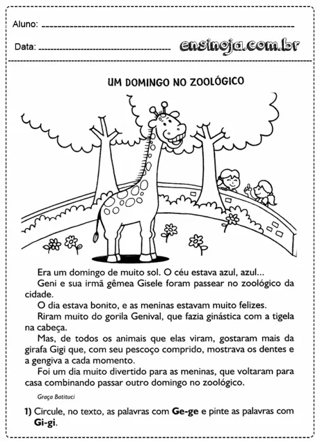 Desenho de uma girafa e crianças em um zoológico.