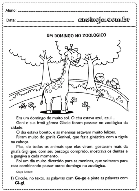 Desenho de uma girafa e crianças em um zoológico.