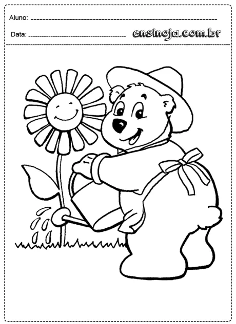 Urso regando uma flor sorridente