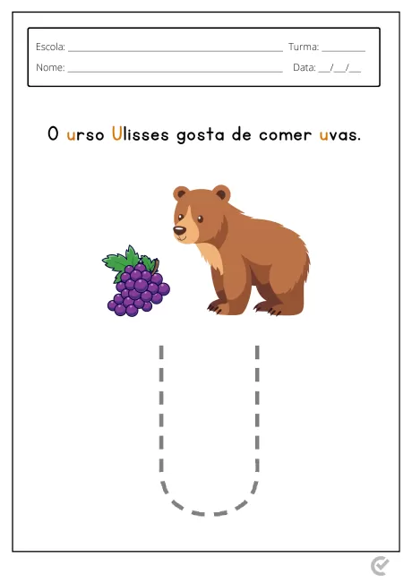 Desenho de um urso marrom ao lado de um cacho de uvas.