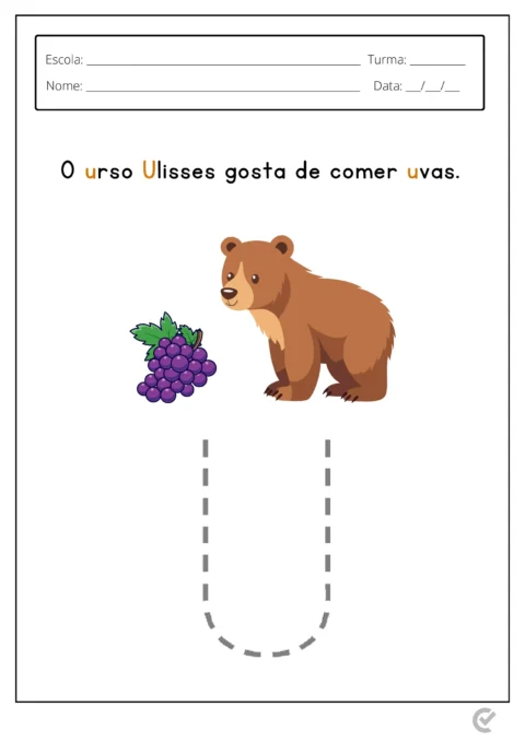 Desenho de um urso marrom ao lado de um cacho de uvas.