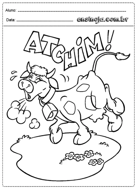 Desenho de uma vaca espirrando com a palavra 'ATCHIM!' em destaque.