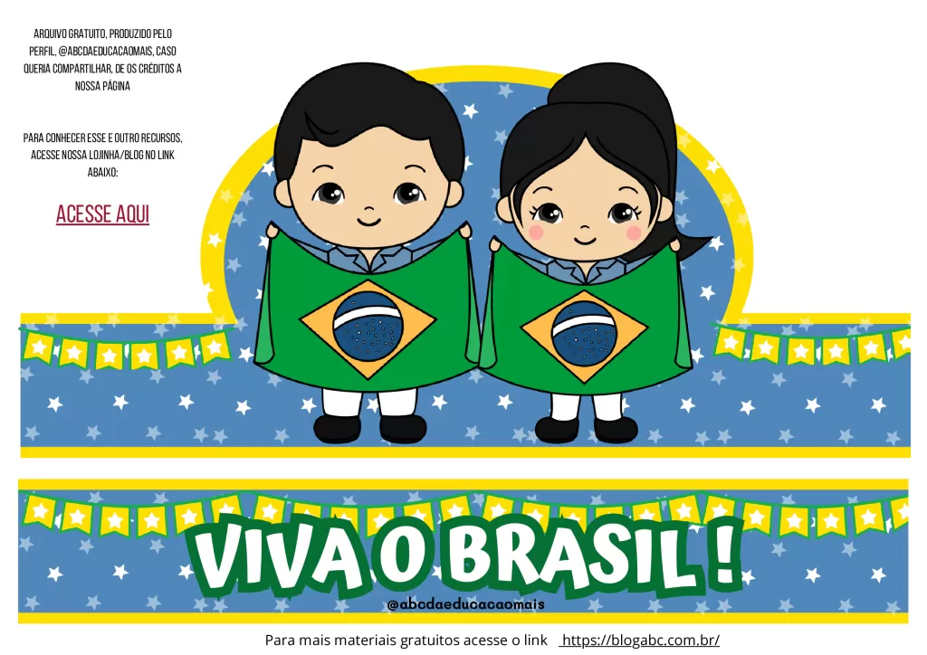 Ilustração de duas crianças segurando bandeiras do Brasil, com fundo colorido.