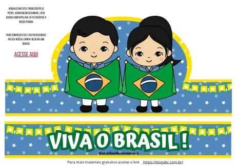 Ilustração de duas crianças segurando bandeiras do Brasil, com fundo colorido.