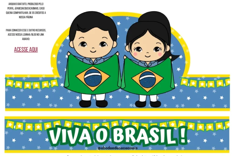 Ilustração de duas crianças segurando bandeiras do Brasil, com fundo colorido.