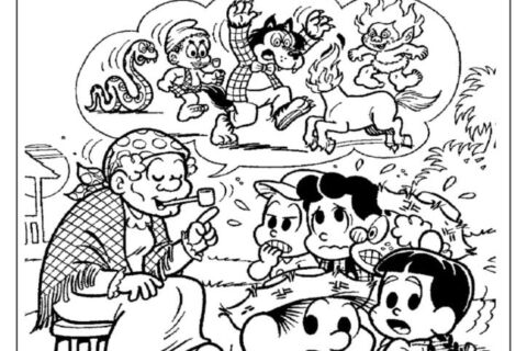 Desenho para colorir com Vó Dita e crianças ouvindo histórias.